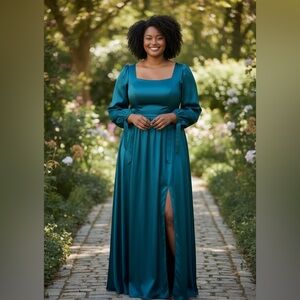 NWOT AZAZIE Teal Satin Maxi Dress with Square Neck size 20